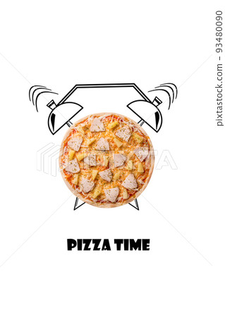 Pizza and alarm clock hand drawn illustration isolated on white background. The inscription Pizza time. Pizza and alarm clock hand drawn illustration isolated on white background. The inscription Pizza time. 93480090