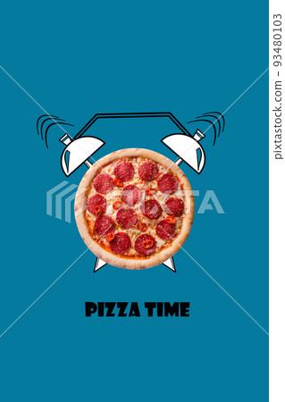 Pizza and alarm clock hand drawn illustration on blue background. The inscription Pizza time. Pizza and alarm clock hand drawn illustration on blue background. The inscription Pizza time. 93480103