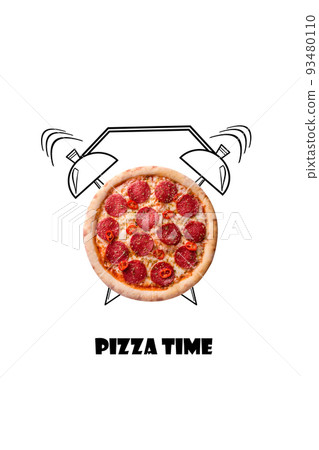 Pizza and alarm clock hand drawn illustration isolated on white background. The inscription Pizza time. 93480110