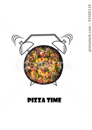Pizza and alarm clock hand drawn illustration isolated on white background. The inscription Pizza time. Pizza and alarm clock hand drawn illustration isolated on white background. The inscription Pizza time. 93480116