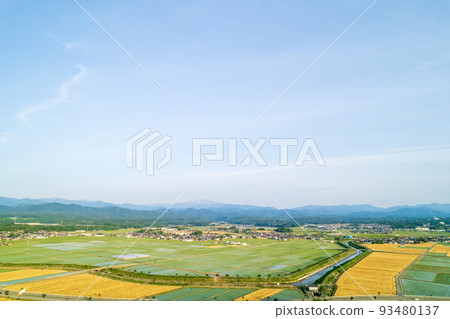 A drone shot of the Kanazawa Plain with golden wheat fields and rice fields | Nomi City, Ishikawa Prefecture A drone shot of the Kanazawa Plain with golden wheat fields and rice fields | Nomi City, Ishikawa Prefecture 93480137