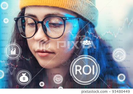 Stock trading and investment. Closeup of young trader woman wearing eyeglasses looking at trading charts at computer monitor, double exposure. Concept of analytics, cryptocurrencies and ROI Stock trading and investment. Closeup of young trader woman wearing eyeglasses looking at trading charts at computer monitor, double exposure. Concept of analytics, cryptocurrencies and ROI 93480449