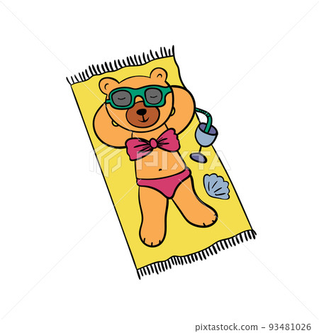Cute bear sunbathing on the beach. Cartoon character. Funny animal. Hand drawn vector illustration. Cute bear sunbathing on the beach. Cartoon character. Funny animal. Hand drawn vector illustration. 93481026