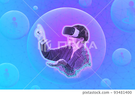 Metaverse. Senior woman pensioner in VR glasses touching digital sphere. Modern futuristic technology. Copy space. Concept of retiree, virtual reality and cyberspace 93481400