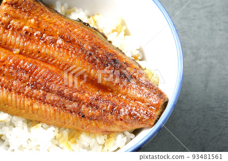 A bird's-eye view of a simple eel bowl with grilled eel on top of white rice 93481561