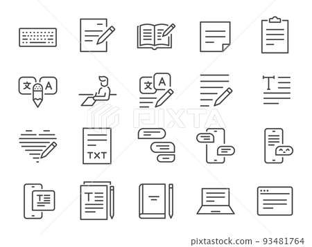 Text icon set. Included the icons as  Write Review, Creative Article Writing, Internet Content Editing , and more. 93481764