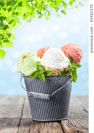 Various ice cream in waffle cones Various ice cream in waffle cones 93482378