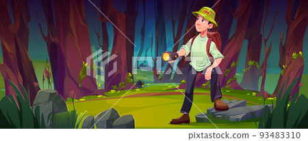 Traveler with flashlight and backpack in forest Traveler with flashlight and backpack in forest 93483310