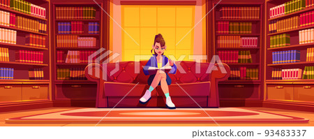 Young woman reading book in home library archive Young woman reading book in home library archive 93483337