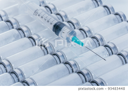 Medicine, Injection, vaccine and disposable syringe, drug concept. Sterile vial medical syringe needle. Glass medical ampoule vial for injection. 93483448