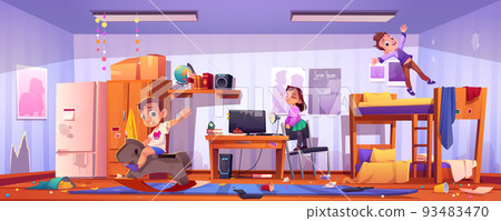Messy bedroom with playing kids 93483470
