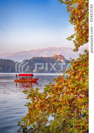 Gorgeous sunset view of popular tourist destination  Bled lake. 93483540