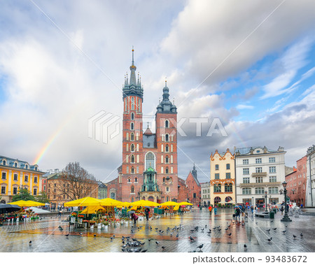 Astonishing cityscape of Krakow with St. Mary's Basilica on Main Square. Astonishing cityscape of Krakow with St. Mary's Basilica on Main Square. 93483672