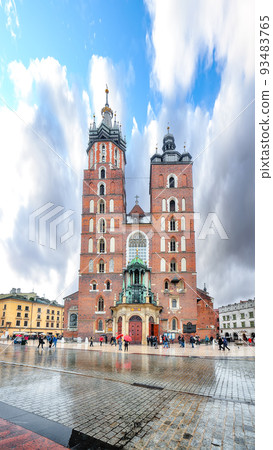 Astonishing cityscape of Krakow with St. Mary's Basilica on Main Square. Astonishing cityscape of Krakow with St. Mary's Basilica on Main Square. 93483765
