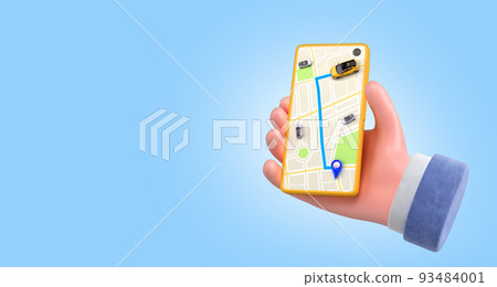 Ordering a taxi cab online internet service transportation concept navigation pin pointer with  yellow taxi on phone screen 3d render illustration onblue gradient 93484001