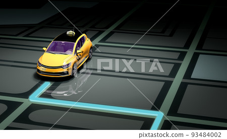 Ordering a taxi cab online internet service transportation concept navigation pin pointer with checker pattern and yellow taxi 3d render illustration background 93484002