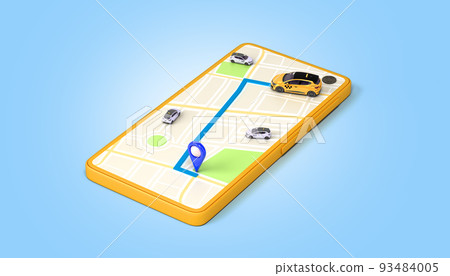 Ordering a taxi cab online internet service transportation concept navigation pin pointer with  yellow taxi on phone screen 3d render illustration 93484005