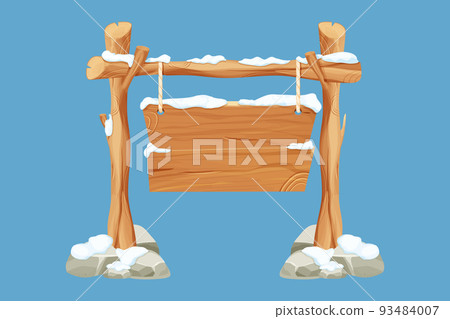 Old winter wooden blank, signboard with snow, rope in cartoon style.Empty frame, direction plank isolated on white background. Season decoration Old winter wooden blank, signboard with snow, rope in cartoon style.Empty frame, direction plank isolated on white background. Season decoration 93484007