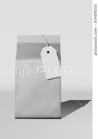 Silver standing box bottom pouch bag branding price tag card 3D rendering. Merchandise foil coffee bean packaging design 93484058