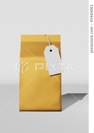 Golden standing box bottom pouch bag branding price tag card 3D rendering. Merchandise foil coffee bean packaging design 93484061