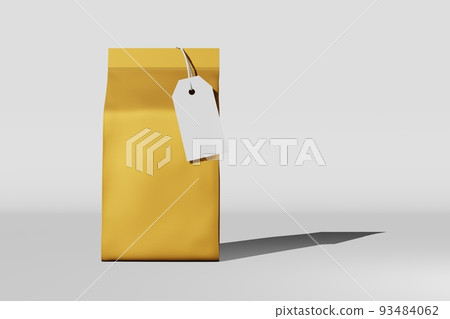 Golden standing box bottom pouch bag branding price tag card 3D rendering. Merchandise foil coffee bean packaging design 93484062