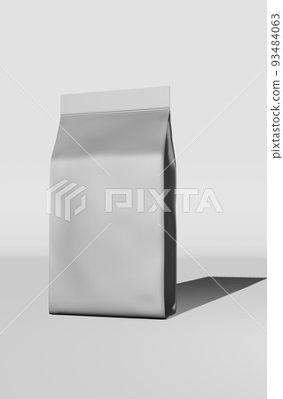 Silver standing box bottom pouch bag branding price tag card 3D rendering. Merchandise foil coffee bean packaging design 93484063