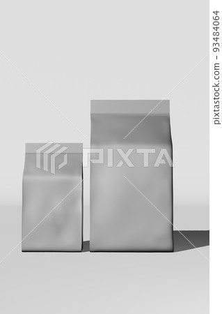 Silver standing box bottom pouch bag branding price tag card 3D rendering. Merchandise foil coffee bean packaging design 93484064