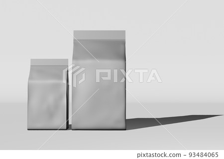 Silver standing box bottom pouch bag branding price tag card 3D rendering. Merchandise foil coffee bean packaging design 93484065