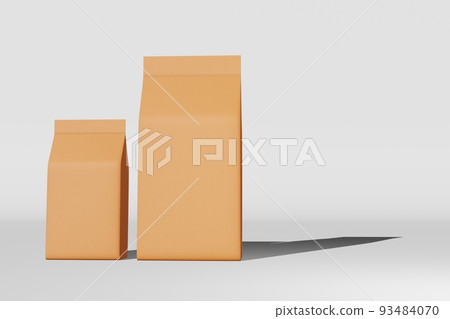 Brown standing box bottom pouch bag coffee branding 3D rendering. Merchandise packaging design. Shop sale demonstration. 93484070