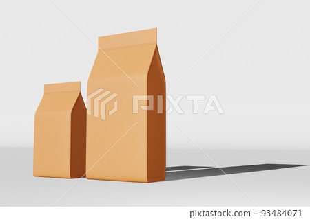 Brown standing box bottom pouch bag coffee branding 3D rendering. Merchandise packaging design. Shop sale demonstration. 93484071