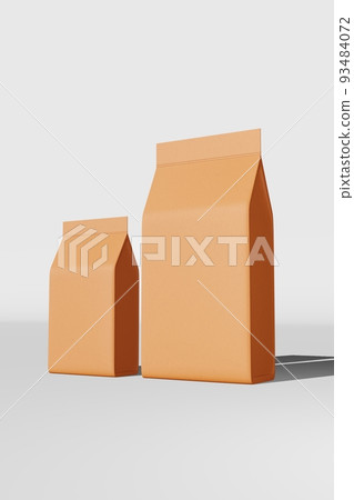 Brown standing box bottom pouch bag coffee branding 3D rendering. Merchandise packaging design. Shop sale demonstration. 93484072