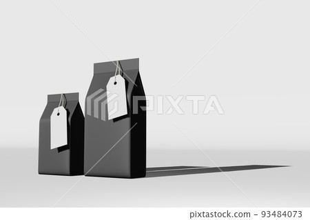 Black standing box bottom pouch bag coffee branding 3D rendering. Merchandise packaging design. Shop sale demonstration. 93484073