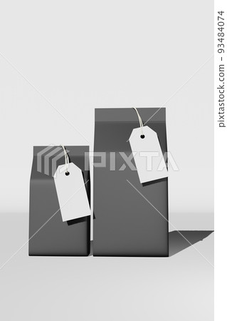 Black standing box bottom pouch bag coffee branding 3D rendering. Merchandise packaging design. Shop sale demonstration. 93484074