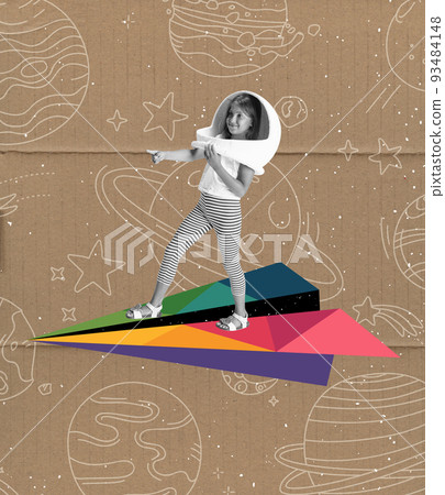 Exploring space. Creative artwork with little girl in huge white astronaut helmet flying on drawn aircraft. Ideas, inspiration, imagination. Collage 93484148