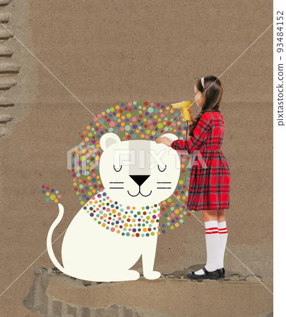 Art collage with little girl making hairdo to drawn cute lion isolated on grey background. Childhood, education, studying, back to school concept. 93484152