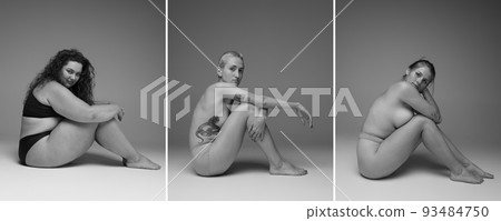 Collage. Black and white photography. Young beautiful woman sitting on floor, posing in underwear. Tenderness of female body 93484750