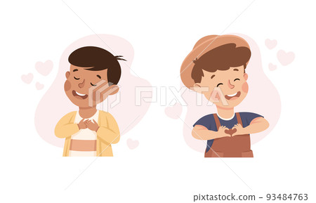 Happy kids love themselves. Boys holding hands on hest and making hand heart symbol with fingers. Self love, acceptance, self care, happiness concept cartoon vector illustration 93484763