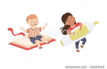 Schoolkids flying with felt tip pen and book. Happy boy and girl with school supplies. Back to school concept cartoon vector illustration Schoolkids flying with felt tip pen and book. Happy boy and girl with school supplies. Back to school concept cartoon vector illustration 93484828
