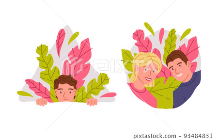 People hiding in bushes. Cheerful man and woman peeping or spying from vegetation cartoon vector illustration People hiding in bushes. Cheerful man and woman peeping or spying from vegetation cartoon vector illustration 93484831