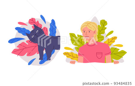 Cheerful young woman and black cat peeking of bushes. Pet animal and man hiding in vegetation cartoon vector illustration Cheerful young woman and black cat peeking of bushes. Pet animal and man hiding in vegetation cartoon vector illustration 93484835