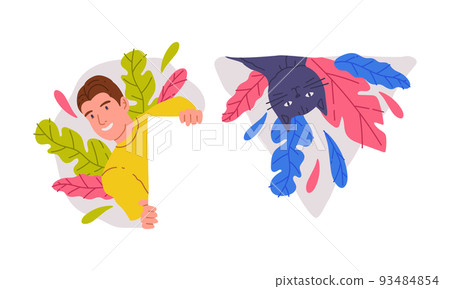 Smiling young man and black cat peeking of bushes. Pet animal and man hiding in vegetation cartoon vector illustration Smiling young man and black cat peeking of bushes. Pet animal and man hiding in vegetation cartoon vector illustration 93484854