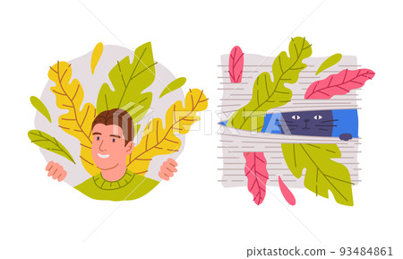 Smiling young man peeking of bushes. Cat looking through blinds cartoon vector illustration Smiling young man peeking of bushes. Cat looking through blinds cartoon vector illustration 93484861