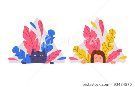 Curious cat and girl peeking out behind wall and bushes set. Girl and pet animal peeping or spying from vegetation cartoon vector illustration Curious cat and girl peeking out behind wall and bushes set. Girl and pet animal peeping or spying from vegetation cartoon vector illustration 93484870