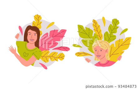 Curious young women peeking of bushes set. Girls peeping or spying from vegetation cartoon vector illustration 93484873