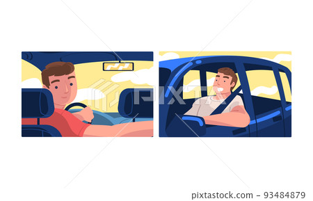 Man driving car set. Cheerful auto drivers sitting inside modern cars cartoon vector illustration 93484879
