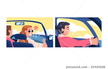 Cheerful man and woman driving car. Auto drivers sitting inside car enjoying holiday trip cartoon vector illustration Cheerful man and woman driving car. Auto drivers sitting inside car enjoying holiday trip cartoon vector illustration 93484886