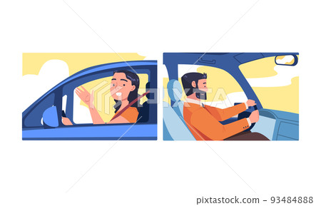 Cheerful man and woman driving car. Auto drivers sitting inside car enjoying ride cartoon vector illustration Cheerful man and woman driving car. Auto drivers sitting inside car enjoying ride cartoon vector illustration 93484888