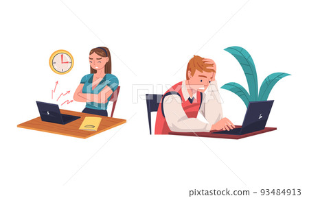 Stressed, overloaded employees working in office. Stress at work, burnout, work overload cartoon vector illustration Stressed, overloaded employees working in office. Stress at work, burnout, work overload cartoon vector illustration 93484913