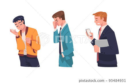 Frustrated businessmen set. Stressed men having health problems, unsatisfied with their job, stress at work cartoon vector illustration 93484931