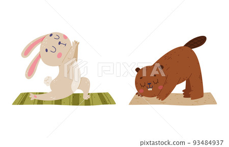 Cute animals doing yoga. Cat and beaver performing yoga asanas set cartoon vector illustration Cute animals doing yoga. Cat and beaver performing yoga asanas set cartoon vector illustration 93484937